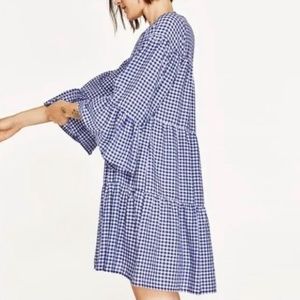 Zara Blue & White Gingham Bell Sleeve Tiered Mini Dress. M